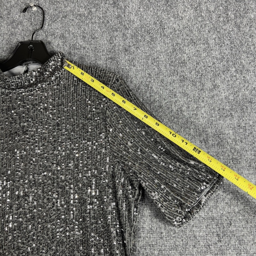 Calvin Klein Silver Sequin Top Mock Neck Short Sleeve Party Hollidays Blouse - Picture 6 of 10